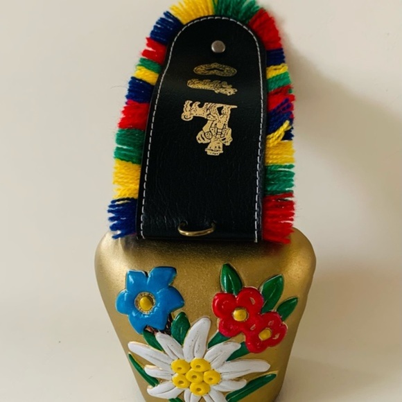 VINTAGE GERMAN METAL COWBELL WITH CLAPPER ON FLORAL FABRIC STRAP VIBRANT COLORS - Picture 1 of 12